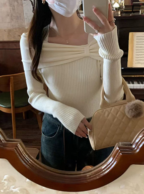 リボンカラーリブニットトップス