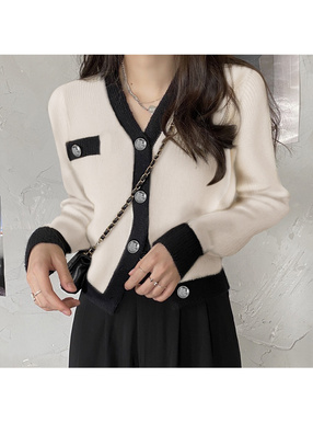 Vネック配色ニットカーディガン