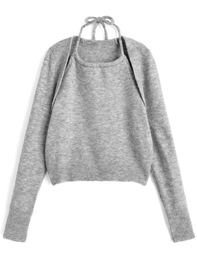 ホルターネックレイヤード風ニットトップス