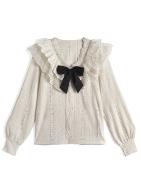 リボン付きレースフリルトップス