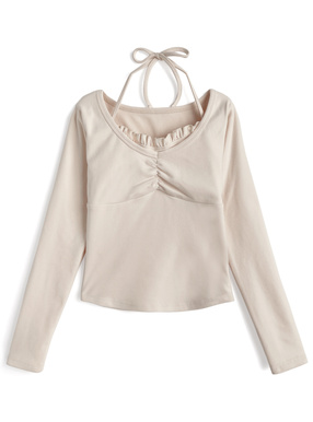 ホルターネックレイヤード風フリルギャザートップス