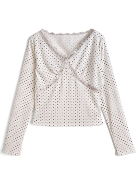 ドット柄Vネックレースリブトップス