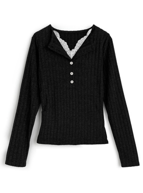 レースドッキングヘンリーネックリブトップス