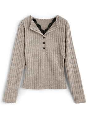 レースドッキングヘンリーネックリブトップス