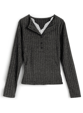 レースドッキングヘンリーネックリブトップス