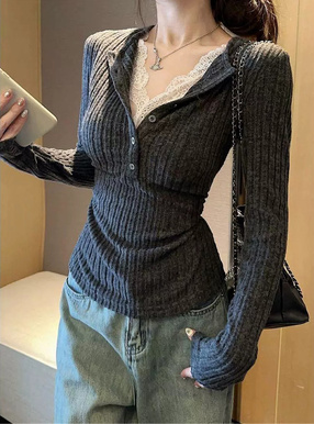 レースドッキングヘンリーネックリブトップス