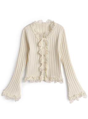 レースフリルリブニットカーディガン