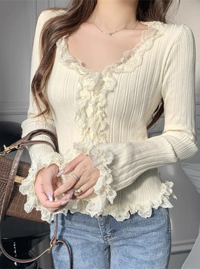 レースフリルリブニットカーディガン
