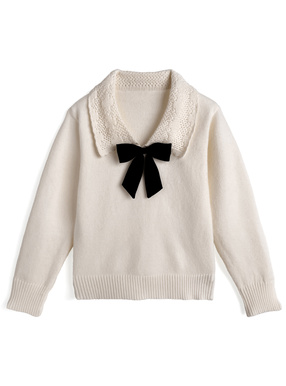 リボン付きレースカラーニットトップス