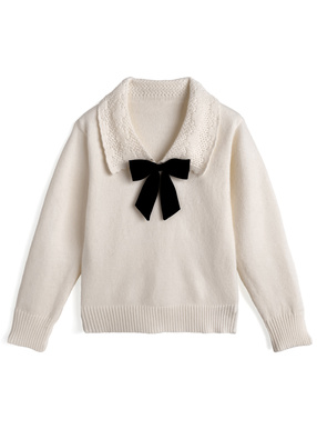 リボン付きレースカラーニットトップス