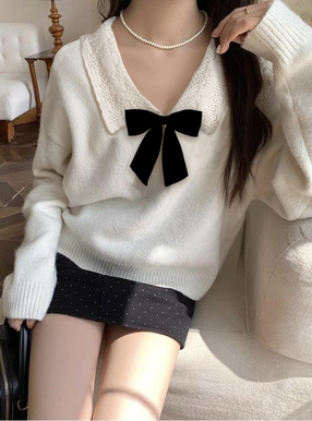 リボン付きレースカラーニットトップス