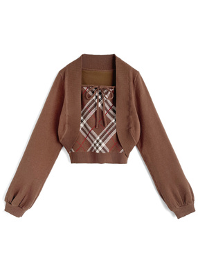 ボレロ×チェック柄ベアトップニットアンサンブル