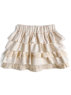 インパン裏地付きドット柄レースティアードフリルミニスカート