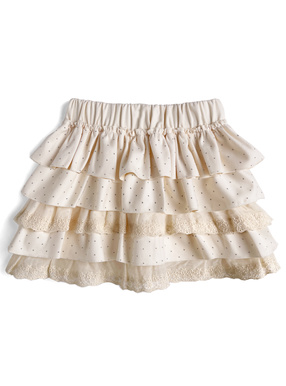 インパン裏地付きドット柄レースティアードフリルミニスカート