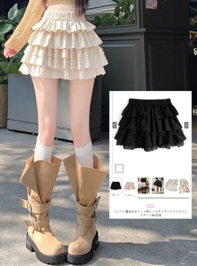 インパン裏地付きドット柄レースティアードフリルミニスカート