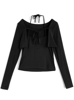 ホルターネックリボンレイヤード風リブトップス