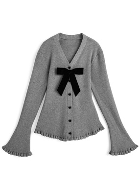 リボン付きハートボタンフリルニットカーディガン