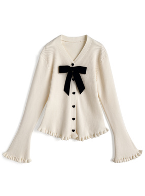 リボン付きハートボタンフリルニットカーディガン