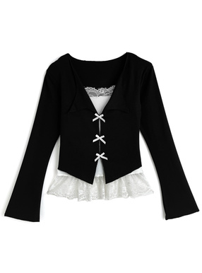 オープンカラーレースレイヤード風リボントップス