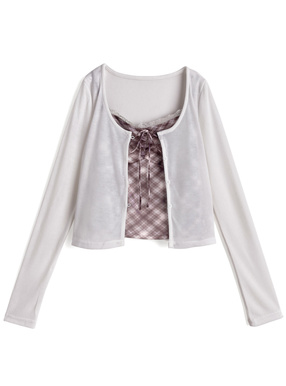 チェック柄レースキャミソール×カーディガンアンサンブル