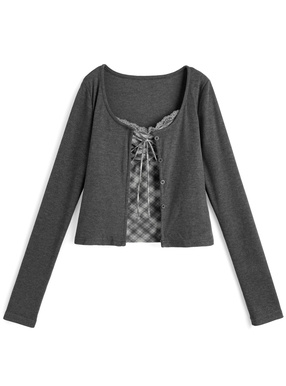 チェック柄レースキャミソール×カーディガンアンサンブル