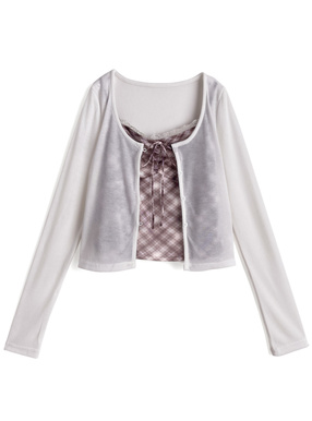 チェック柄レースキャミソール×カーディガンアンサンブル