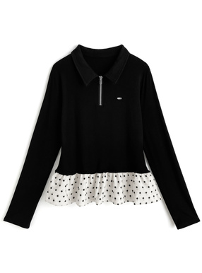 ドット柄フリルドッキングハーフジップトップス