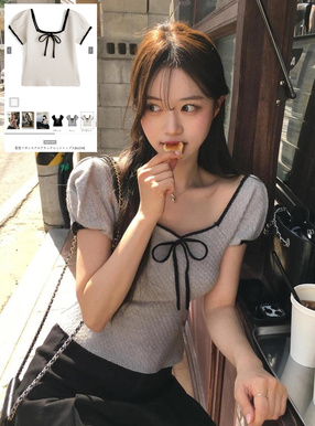 配色リボンスクエアネックニットトップス