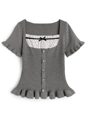 ドット柄フリルリボンレイヤード風ペプラムニットトップス