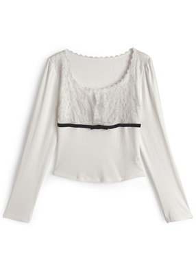 レース配色リボントップス