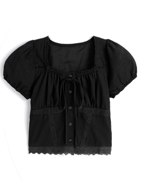レースリボンスクエアネックブラウス
