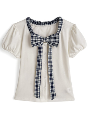 チェック柄リボンドッキングトップス