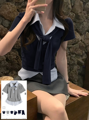 ストライプ柄シャツレイヤード風フロントタイトップス