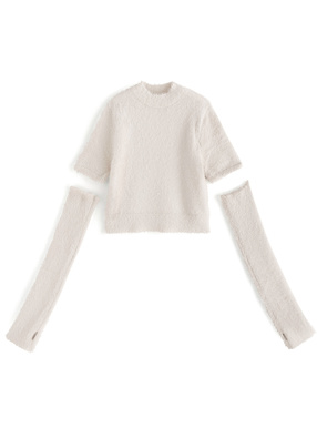 アームウォーマー付きフェザーニットトップス