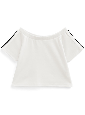 オフショルダー配色ラインテレコリブトップス