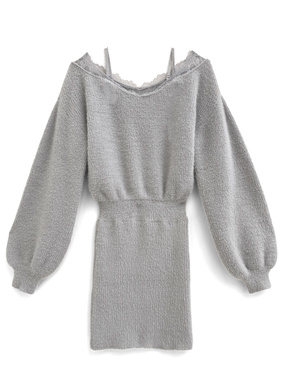 レースオフショルフェザーニットミニワンピース