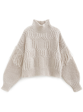 フリンジケーブル編みハイネックニットトップス