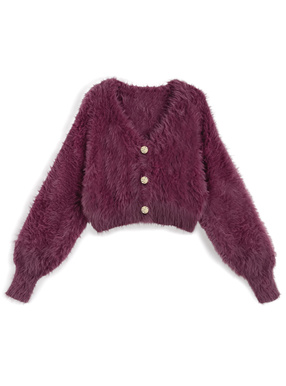 ゴールドボタンシャギーニットショート丈カーディガン