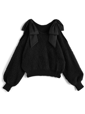 ショルダーオープンリボンシャギーニットトップス