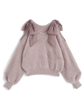 ショルダーオープンリボンシャギーニットトップス