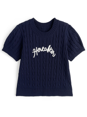 ロゴテープ半袖ケーブル編みニットトップス