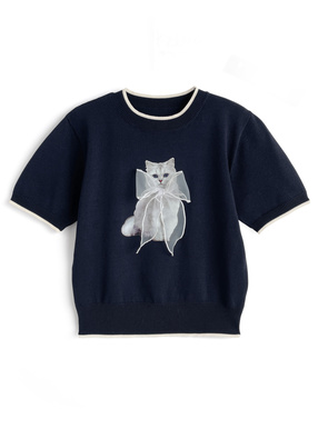 キャットプリントオーガンジーリボン配色ニットトップス