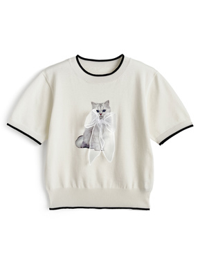 キャットプリントオーガンジーリボン配色ニットトップス