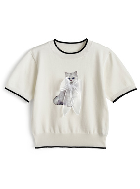 キャットプリントオーガンジーリボン配色ニットトップス