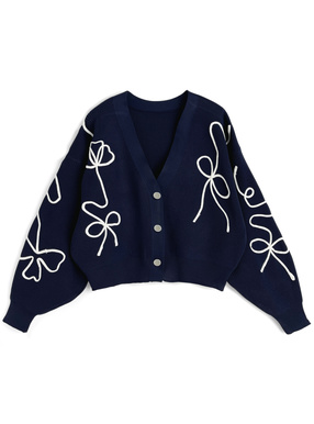 リボンライン刺繍ニットカーディガン