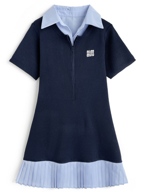 襟付プリーツニットミニワンピース