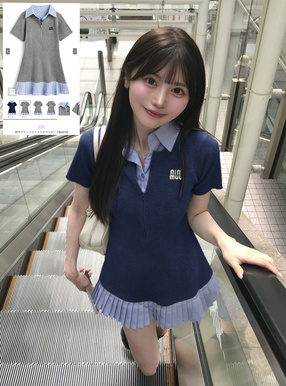 襟付プリーツニットミニワンピース