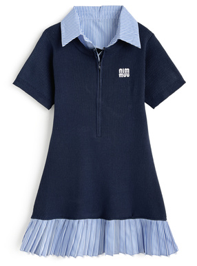 ストライプ柄襟付プリーツニットミニワンピース