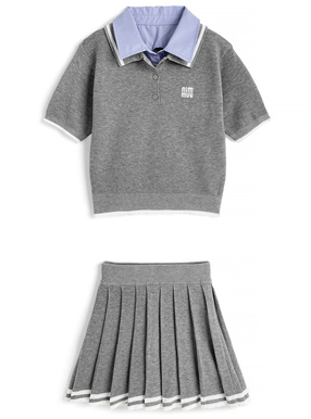 ポロニットトップス×プリーツミニスカートセットアップ