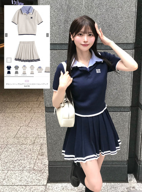 ポロニットトップス×プリーツミニスカートセットアップ